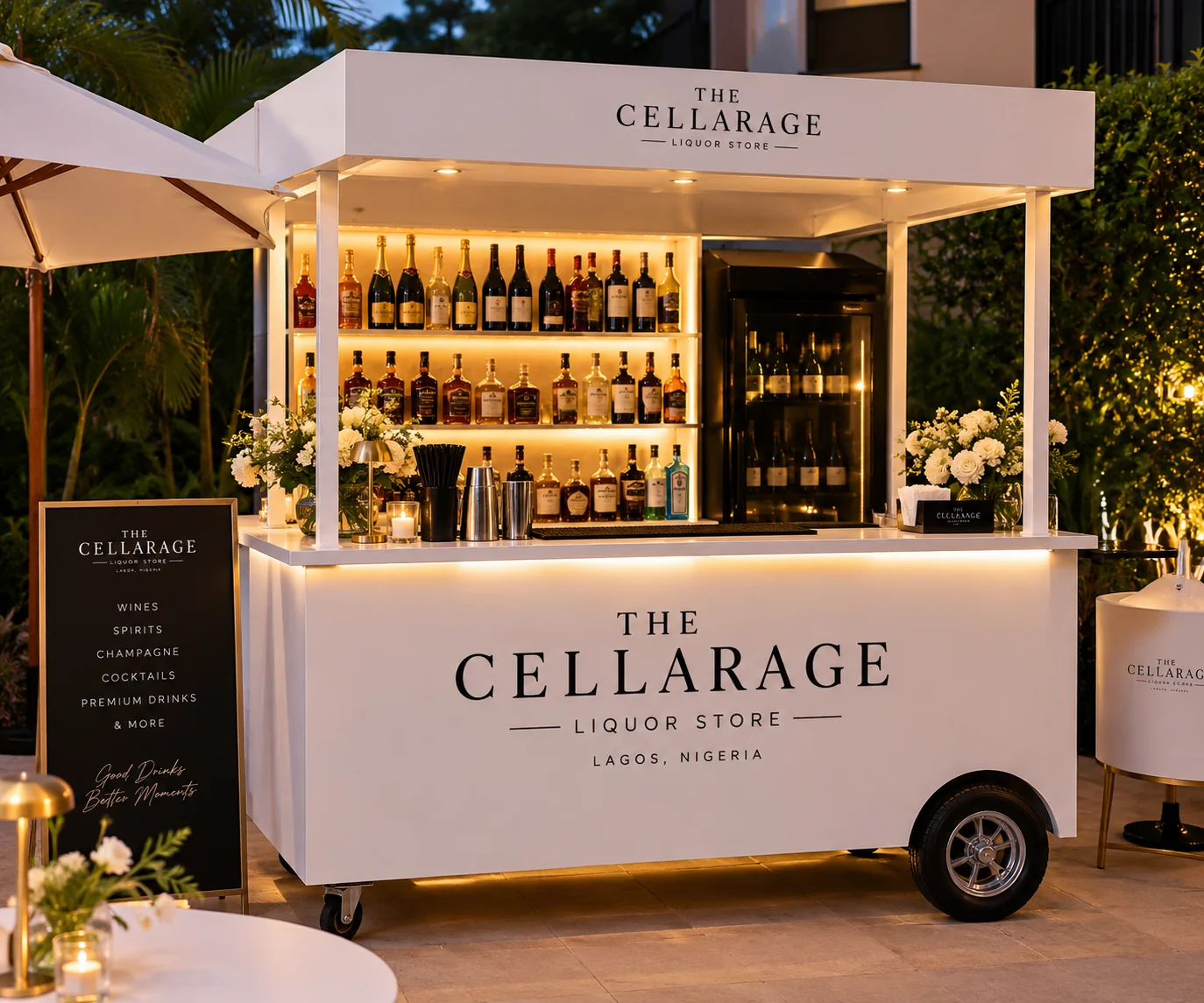Mobile bar station set up with bottles and glassware at an event